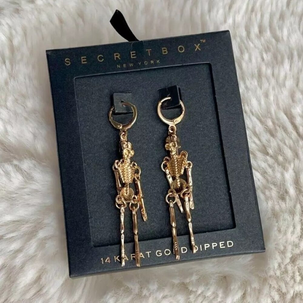 NEW Secret Box 14 Karat Gold Dipped Dangling Skeleton Earrings
